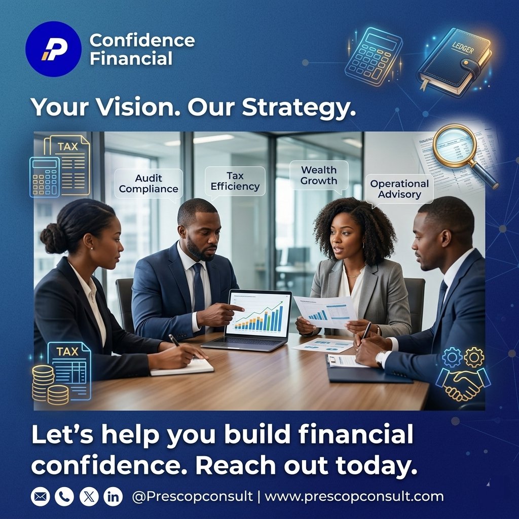 Prescopconsult's tweet photo. Let's help you build financial confidence.
At Prescop Consult, clarity isn't just a goal, it's our standard. Reach out today and let's get to work. 📊
#PrescopConsult #FinancialConfidence #YourPartnerInProgress https://t.co/B0keCCDQ2l