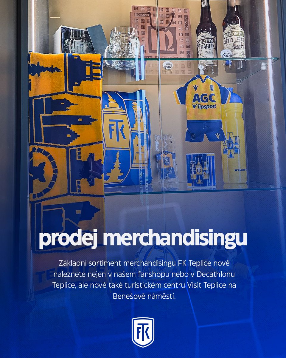 FK_Teplice's tweet photo. 🟡🔵 Základní merch FK Teplice nově najdeš i v turistickém centru Visit Teplice na Benešově náměstí 🙌
Šály, hrnky, lahve nebo mini dresy – ideální na zápas, do práce i jako dárek.
👉 Stav se a rozšiř žluto-modré barvy po Teplicích
#fkteplice #fanshop https://t.co/L2asTwPbJY