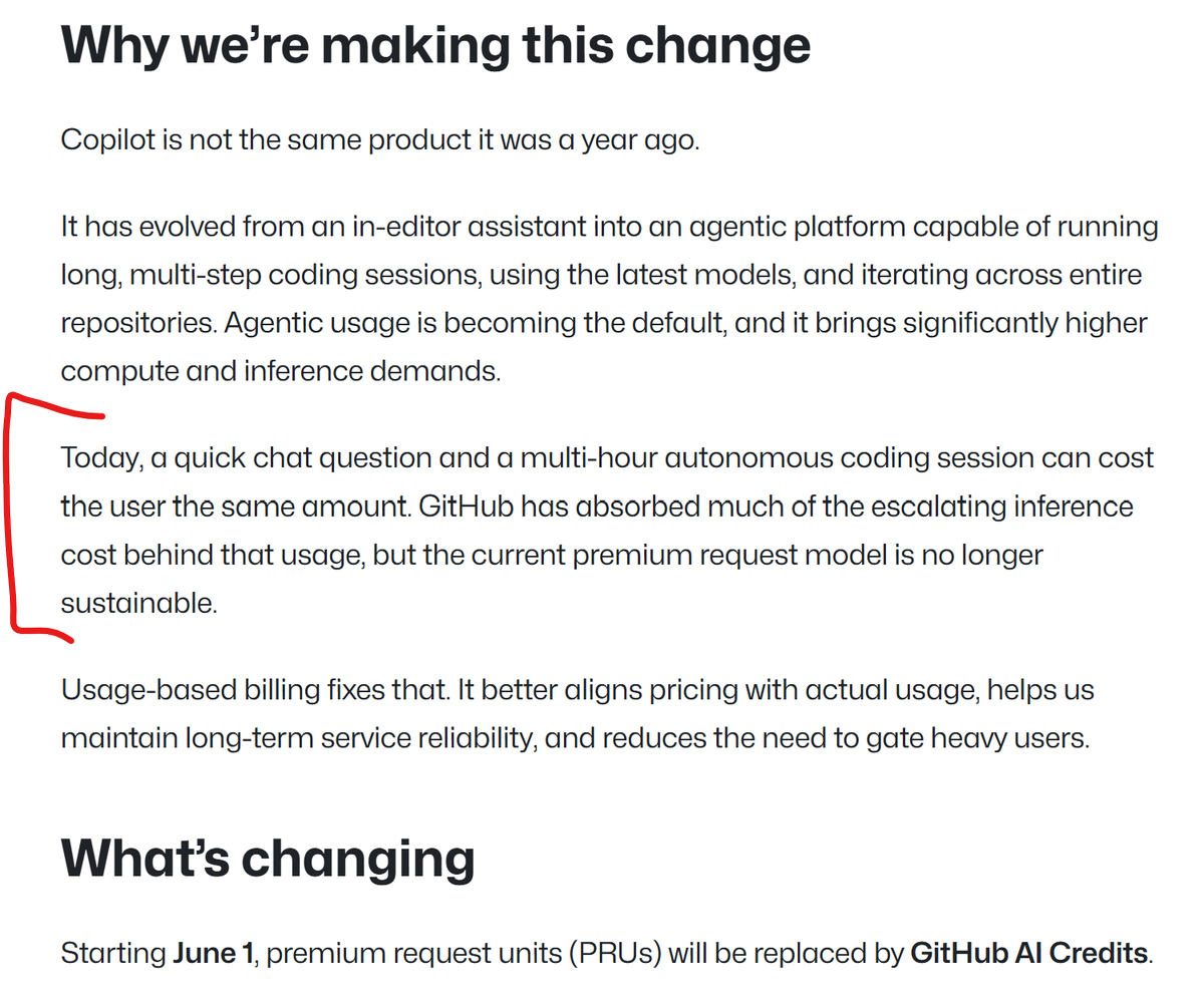 Kudos to the <a href="/Copilot/">Microsoft Copilot</a> / @githubcopilot team for being up front about cost being the real reason to switch to token-based pricing. Makes perfect business sense. Can't lose money, regardless of market share.
