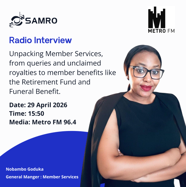 SAMROMusic's tweet image. Tune into @metrofmsa at 15:50 pm today, as Nobambo Goduka unpacks Member Services from member queries and disputes to unclaimed royalties linked to outdated banking details and non-society matters.

#SAMRO #musiclicensing #royalties