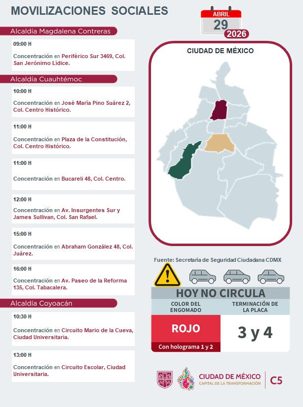 C5_CDMX's tweet image. ⚠️🗓 #ENTÉRATE | Para hoy, 29 de abril 2026, estas son las movilizaciones sociales previstas en la Ciudad de México.

#MovilidadCDMX #C5OjosDeLaCDMX  #C5CorazónDeLaCDMX #OjosDeLaCiudad