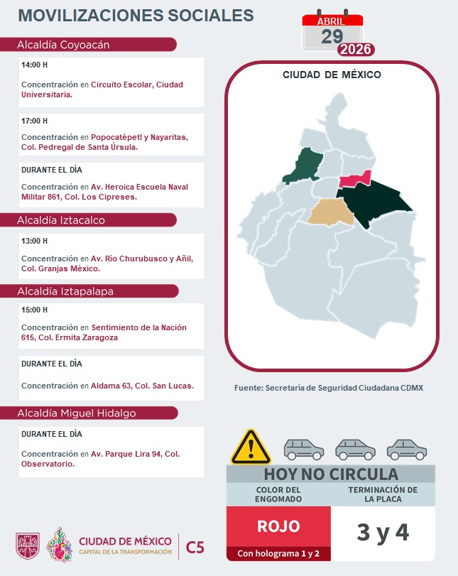 C5_CDMX's tweet image. ⚠️🗓 #ENTÉRATE | Para hoy, 29 de abril 2026, estas son las movilizaciones sociales previstas en la Ciudad de México.

#MovilidadCDMX #C5OjosDeLaCDMX  #C5CorazónDeLaCDMX #OjosDeLaCiudad