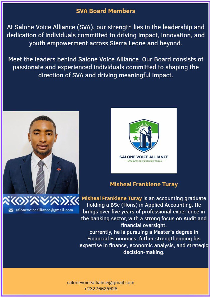 MamaduNulador's tweet photo. We’re proud to welcome Mishael Franklene Turay to the SVA Board.
A finance professional with over 5 years in banking and audit, currently pursuing a Master’s in Financial Economics.
#SVABoard #Leadership #YouthImpact https://t.co/E5eIXCJj7N