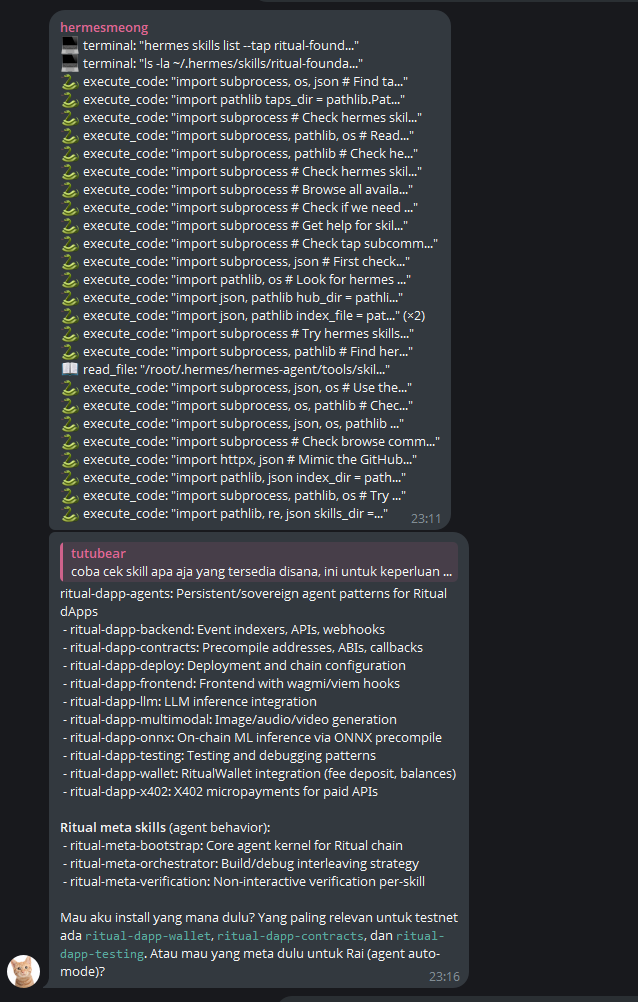 Just leveled up Hermes agents with Ritual skills.  Persistent agents, dApp backend, on-chain ML, wallet integration, testing framework, all installed.  
Who’s building with us? <a href="/ritualnet/">Ritual</a> <a href="/ritualfnd/">Ritual Foundation</a>
