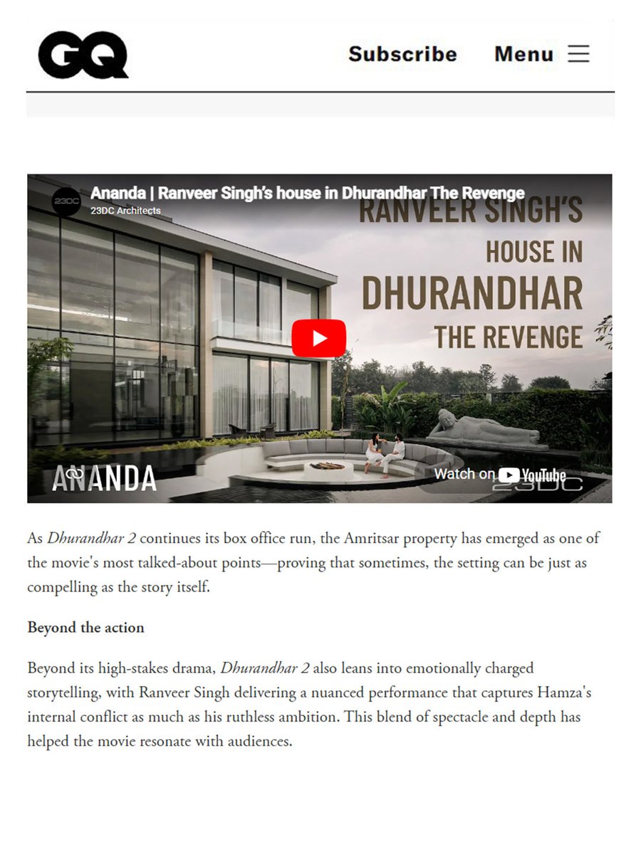 23DC_Architects's tweet photo. Grateful to see Ananda by @23DC_Architects be recognised by @gqindia ,becoming part of the visual world of @RanveerOfficial #Dhurandhar‌TheRevenge 

#Indianarchitecture #luxuryhomes https://t.co/jUglu6yhKf