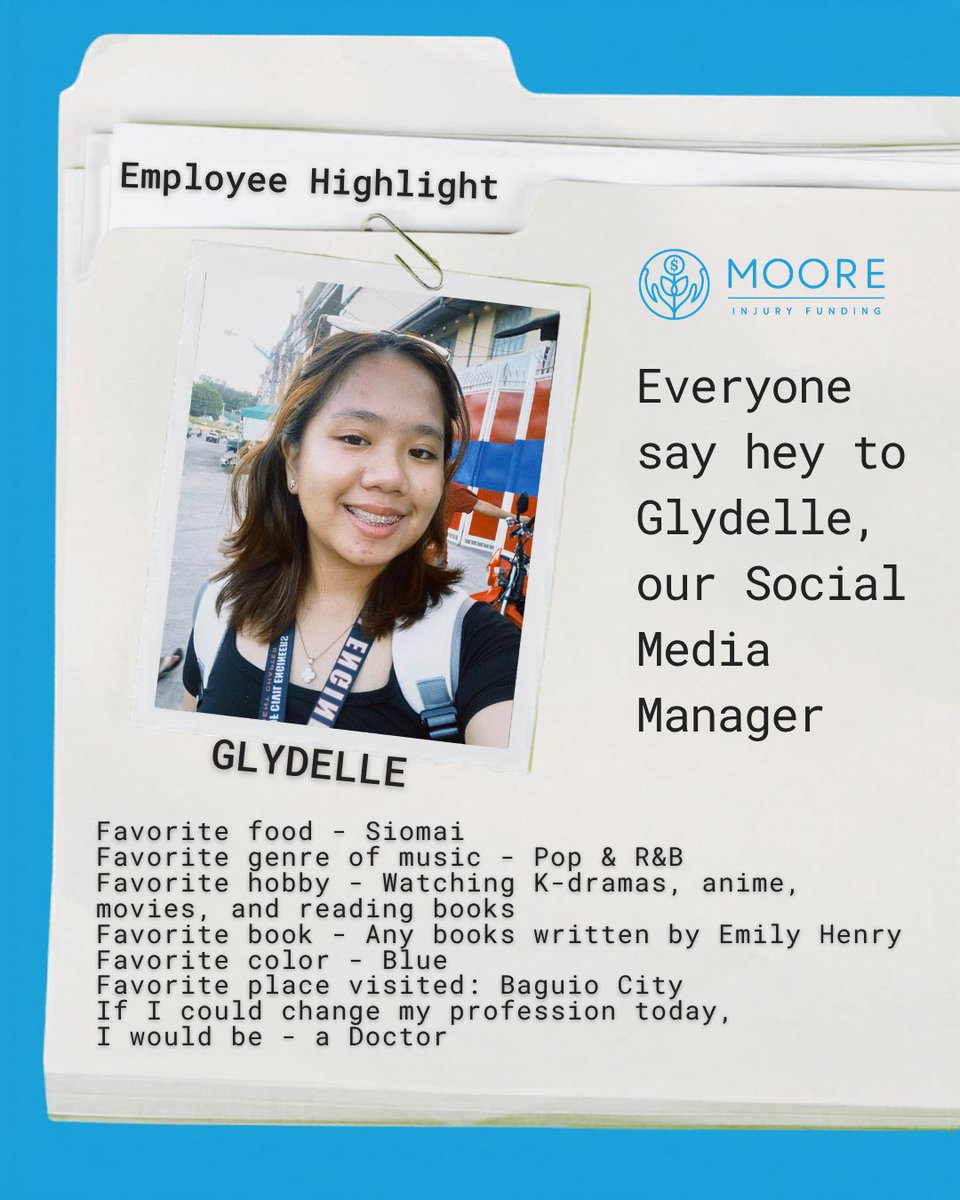 FundingMoore's tweet image. Say hi to the person behind the content! 👋🩵

Meet Glydelle, our Social Media Manager and the creative brain keeping Moore Injury Funding's pages alive and thriving.

We are so glad to have you on the team Glydelle. 

#mooreinjuryfunding #employeehighlight #meettheteam