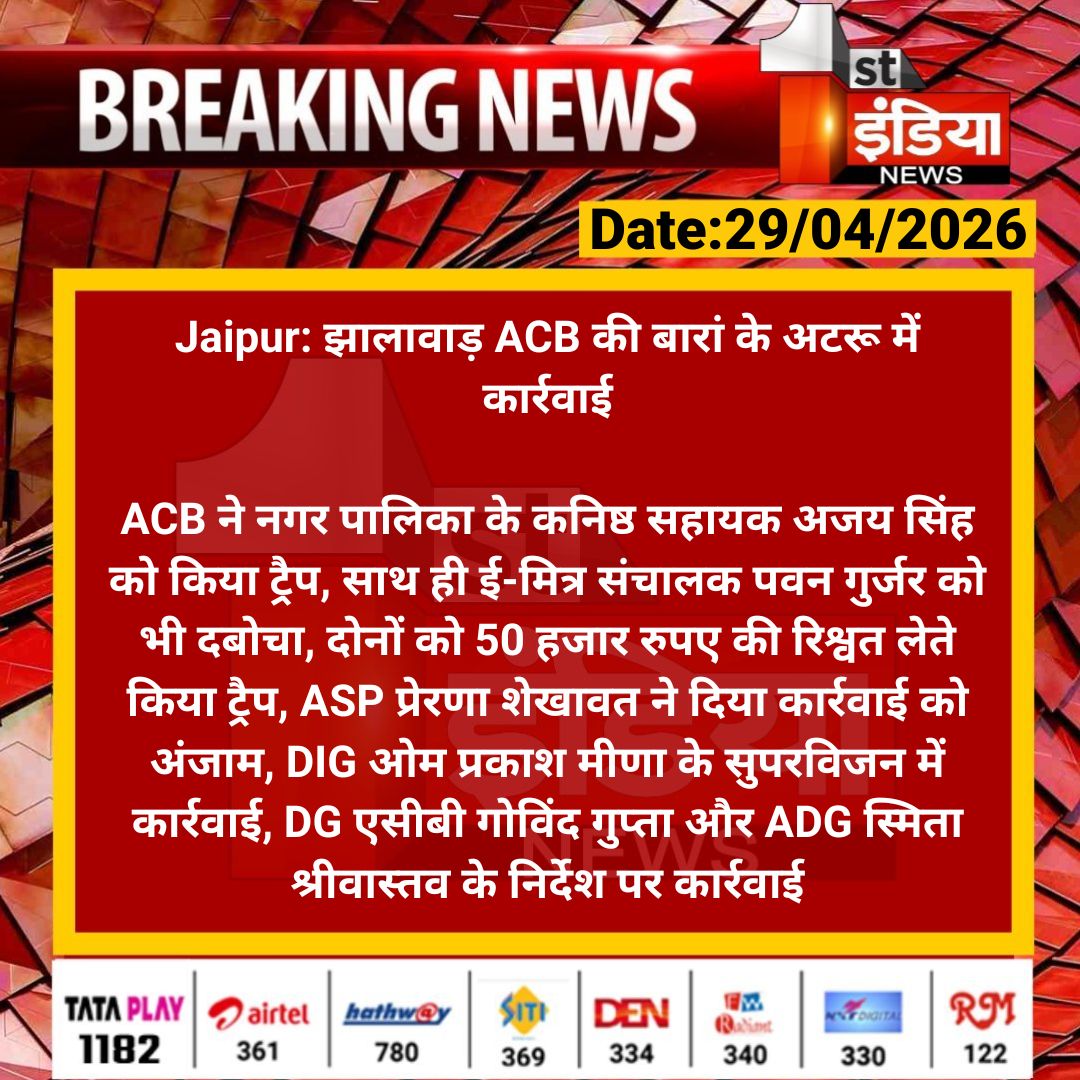1stIndiaNews's tweet image. #Jaipur: झालावाड़ ACB की बारां के अटरू में कार्रवाई

ACB ने नगर पालिका के कनिष्ठ सहायक अजय सिंह को किया ट्रैप, साथ ही ई-मित्र संचालक पवन गुर्जर को भी दबोचा...

#ACB #RajasthanWithFirstIndia #ACBTrap @navinsharmabki