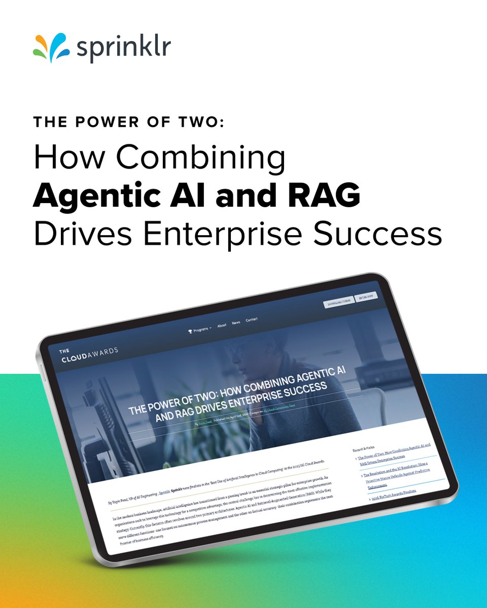 kwmo17's tweet photo. Great perspective from @Sprinklr VP of AI Engineering Yogin Patel on why the future of enterprise AI isn’t Agentic AI or RAG — it’s the combination of both, built with the right safeguards.
Worth a read for anyone designing AI beyond experimentation. 👇
https://t.co/5oiBDXUR4H https://t.co/vPTaPGNSVG