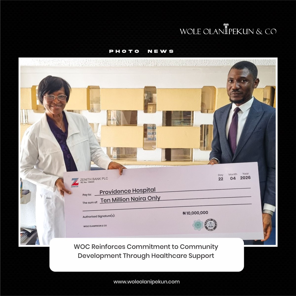 WOCLegal's tweet photo. As part of our commitment to social impact, the WOC team, on April 21, 2026, paid a visit to Providence Hospital.

The delegation, led by our Partner, Akintola Makinde, made a donation of ₦10 million to support the hospital’s efforts in delivering quality healthcare https://t.co/qb6alxLJdc