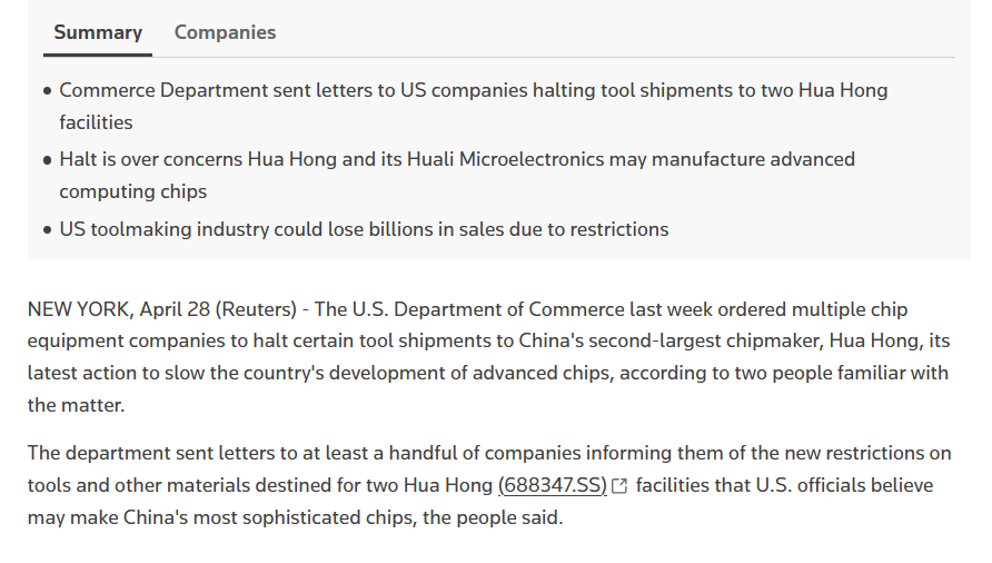 alpepinnazzo's tweet image. Antoher day another bullish news: US orders chip equipment companies to halt some shipments to China's No. 2 chipmaker Hua Hong

Oh wait....🤔

reuters.com/world/china/us…

#semis #chips #AI $SPX $QQQ $BIDU $BABA $FXI $AMAT $LRCX $MU $STX $NVDA $SMH $KLAC