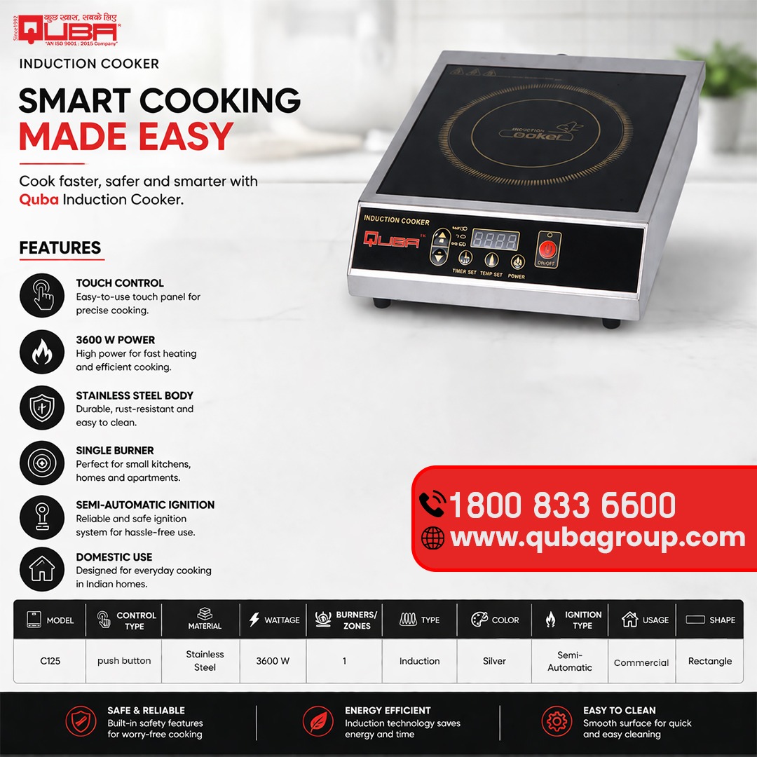 QUBAAPPLIANCES's tweet image. Quba Induction Cooker ke saath pao fast heating, safe cooking aur energy efficiency – sab ek hi device mein. ⚡🍳
✔️ 3600W high power

📞 1800 833 6600 / 97735 58429
🌐 qubagroup.com

#KitchenAppliances #CookingMadeEasy #HomeAppliances #CommercialKitchen