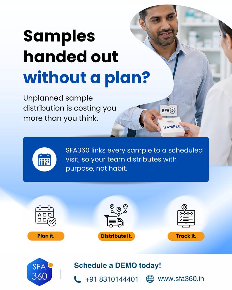 C_SQUARE_INFO's tweet image. Unplanned sample distribution = Lost opportunities.

With SFA360, every sample is tracked, planned &amp;amp; delivered with purpose.

📞 +91 8310144401
🌐 sfa360.in

#SFA360 #SmartDistribution #Csquare #SalesAutomation #FieldForceAutomation #PharmaSales #BusinessEfficiency