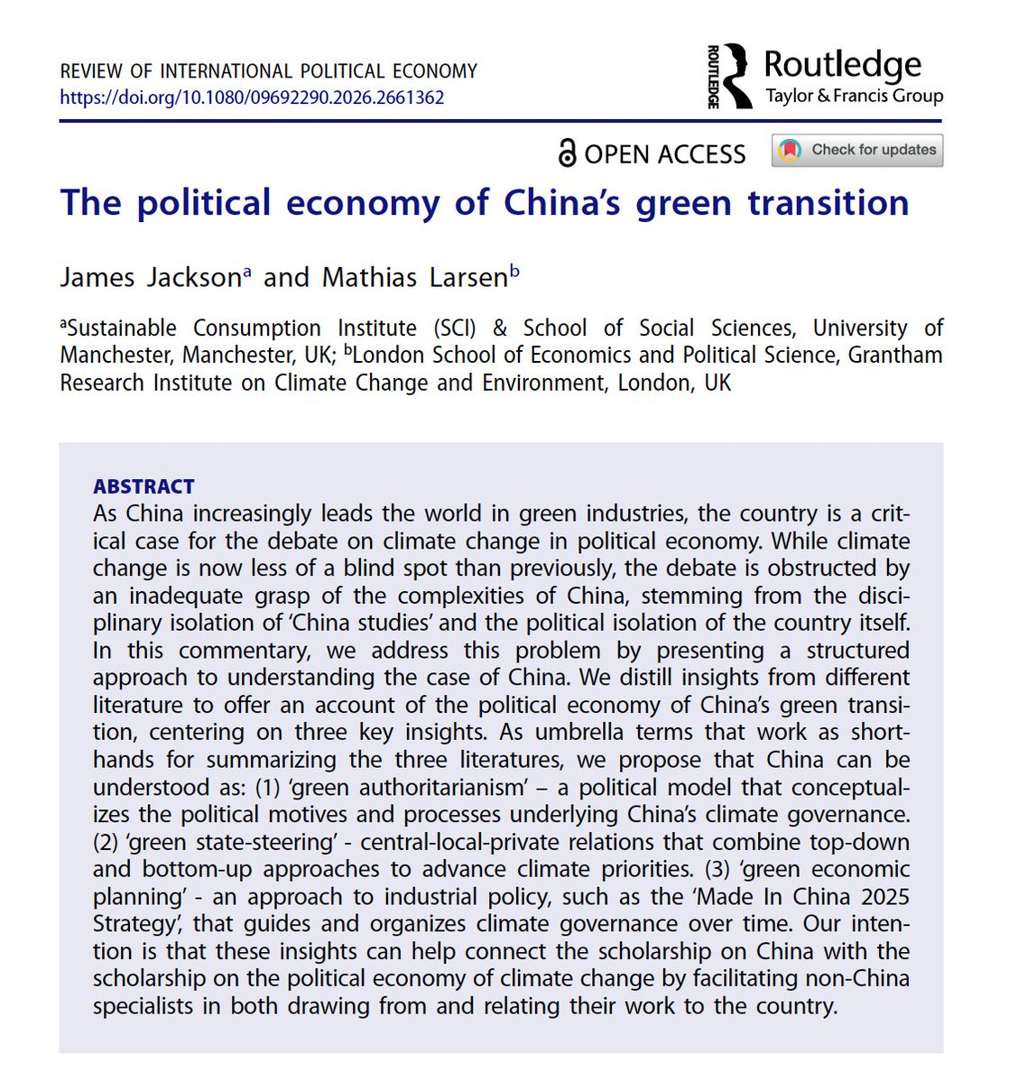 This is a fantastic new paper analysing the political economy of China's green transition.

It argues that the interplay between authoritarian centralisation, state-steering of capital, and long-term economic planning is a key reason China has become a clean energy powerhouse.