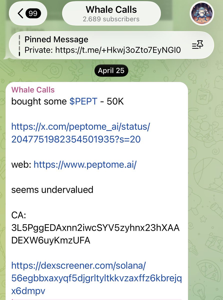 I drop most of my calls first in the telegram channel and after that on x

solana:3L5PggEDAxnn2iwcSYV5zyhnx23hXAADEXW6uyKmzUFA ran from 50k to 550k so far

TG: t.me/cryptowhalecal…