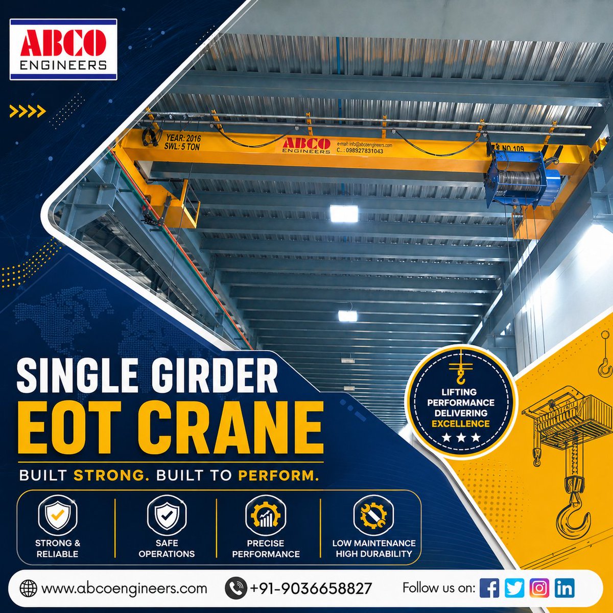 ABCOEngineer's tweet photo. Boost your productivity with the Single Girder EOT Crane from ABCO Engineers — strong, reliable, and built to perform. ⚙️🏗️

📞 +91 90366 58827
🌐 https://t.co/zk6BSb7jLH
#ABCOEngineers #EOTCrane #MaterialHandling #IndustrialSolutions https://t.co/ZVZzw4Dgvy