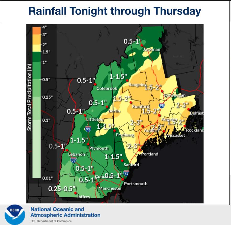 NH_HSEM's tweet image. 4/29/26 Cooler and cloudy along the coast with occasional drizzle and showers. Rain could be heavy at times tonight through Thursday, but flooding is not expected. Cool pattern prevails this weekend. weather.gov/gyx/EMhome #ReadyNH #NHwx #BePrepared