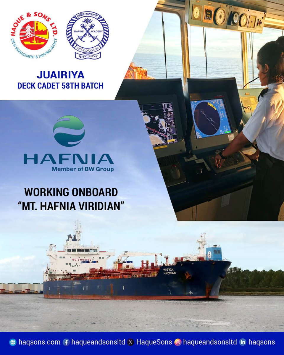 HaqueSons's tweet photo. The cadets employed by HSL actively contribute to the operations of Haque &amp; Sons Ltd-managed vessels. We are proud of their progress &amp; wish them continued success &amp; safe voyages. #HSL #Haqsons #enginecadet #Marinecadet #BMA #MarineCadet #BMTI #IMA #mariners #marineengineer https://t.co/lHzxHnKE52
