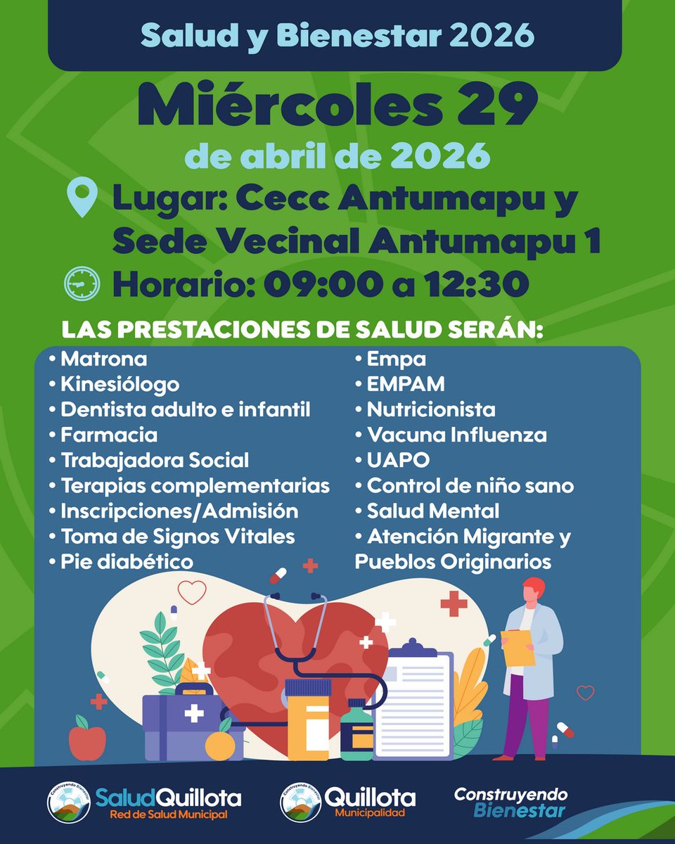 saludquillota's tweet image. ✨ ¡Hoy desde las 09:00 hrs te esperamos en la 2da jornada de “Salud y Bienestar 2026” de SaludQuillota @muniquillota #Quillota
🏡En CECC Antumapu y sede vecinal Antumapu 1
✔ Atención médica 
✔ Consultas dentales
✔ Orientación de matronas, vacunación y +
#ConstruyendoBienestar