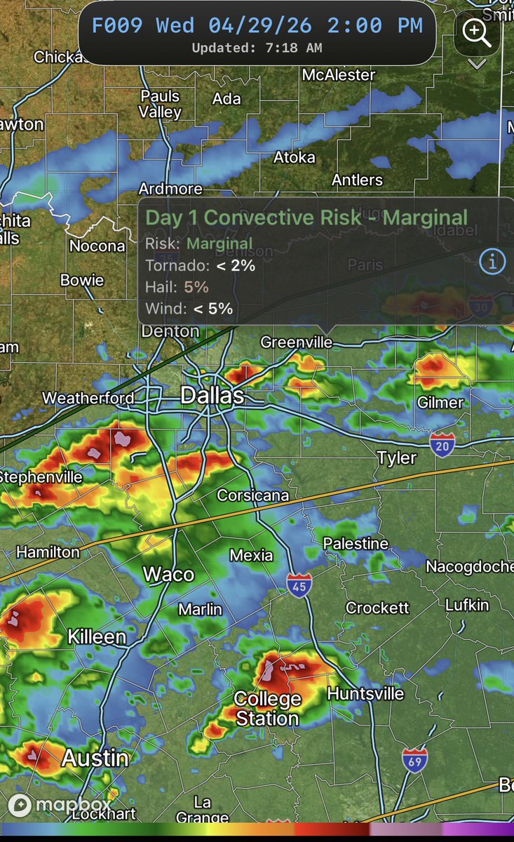 collinmyerswx's tweet image. #DFW-A few more thunderstorms are possible again today. This time, around midday-early afternoon with a much lower severe ceiling.

A few could have some gusty winds and coin hail.

#txwx
#dfwwx