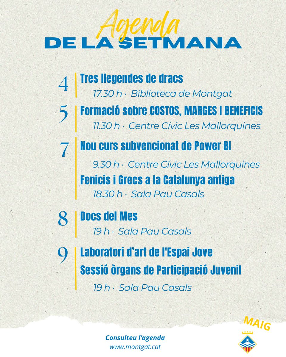 Montgat's tweet image. 📣 Setmana a #Montgat!
Gaudeix dels esdeveniments, cursos i espectacles d’aquests dies al municipi 🎭
👉 Consulta tota la programació a la web municipal
#Montgat #Agenda #Cultura