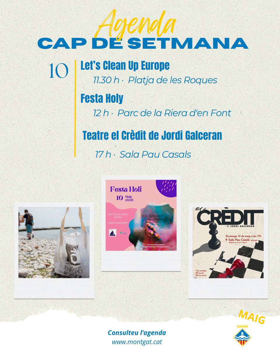 Montgat's tweet image. 📣 Setmana a #Montgat!
Gaudeix dels esdeveniments, cursos i espectacles d’aquests dies al municipi 🎭
👉 Consulta tota la programació a la web municipal
#Montgat #Agenda #Cultura