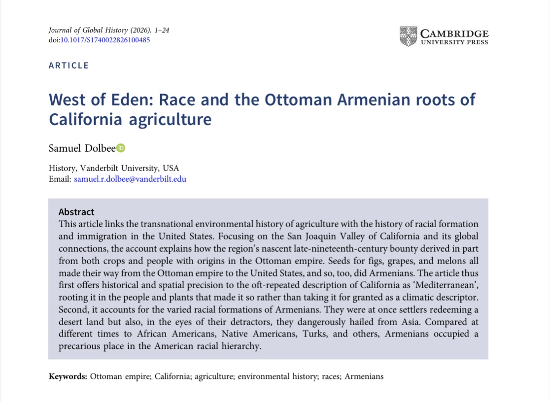 GlobalHistJnl's tweet image. New out! Open Access!

Samuel Dolbee links the transnational environmental history of agriculture with the history of racial formation and immigration in the United States.

#Ottomanempire #California #agriculture #environmentalhistory #races #Armenians

doi.org/10.1017/S17400…
