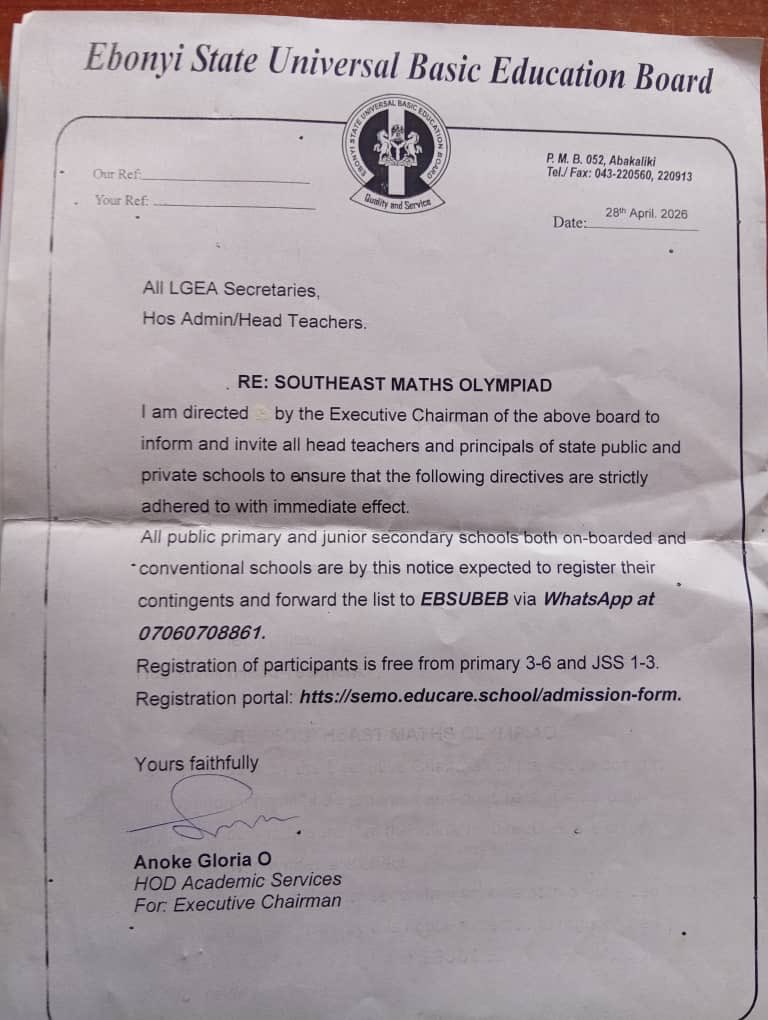 AfiaTvOfficial's tweet image. Ebonyi State makes a bold move.

All public schools are now required to register for the 2027 South East Maths Olympiad.

After Enugu set the pace, Ebonyi follows through.
Education is getting serious in the South-East.

#SEMathsOlympiad #Education #AfiaTV