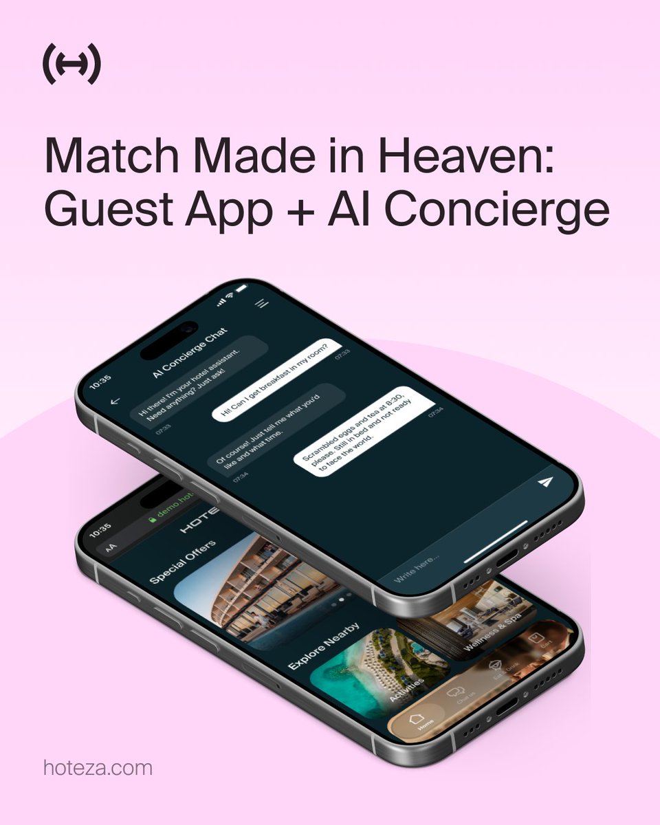 hotezaplatform's tweet photo. When the Hoteza Guest App meets the AI Concierge, hospitality gets smarter 💫

📱 Scan → access everything in one app
💬 24/7 multilingual AI that assists &amp; upsells
✨ Seamless, personalized guest experience

A perfect match your guests will love 💚 https://t.co/e5i2XOmlbN