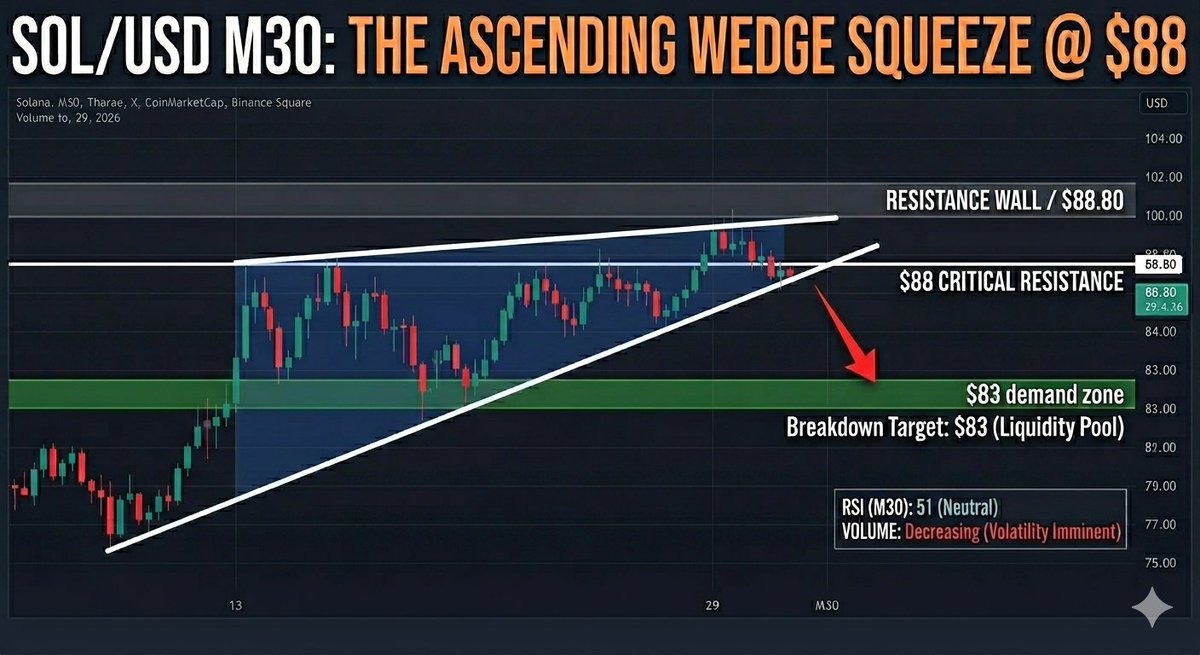 NextGenCrypto37's tweet image. $SOL is coiling.

M30 Ascending Wedge at $88.
Volume is dropping.
The squeeze is almost over.

Breaking $86.50 sends us to the $83 liquidity pool.
Reclaiming $89.50 sends us to the moon.

Don't get caught in the fakeout.

#Solana #CryptoTrading #SolanaSummer