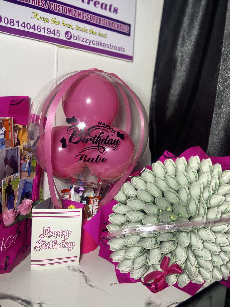 BlizzyCake's tweet photo. The Premium Package Flex
Not your regular birthday package 😮‍💨💗  
Money bouquet + Photo bouquet + Bobo balloon + Chocolates  
All by Blizzy Treats, Ijebu Ode 📍  
If you love them, spend on them. Simple.  
DM to order for delivery in Ogun &amp; Lagos 📩  
#IjebuOdeVendor #suprisepack https://t.co/uwoXKNIUwM