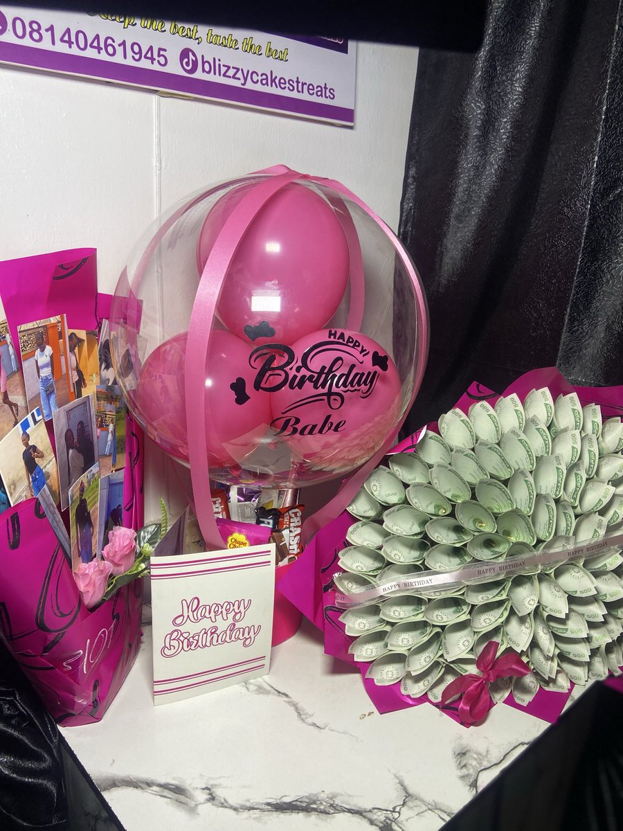 BlizzyCake's tweet photo. The Premium Package Flex
Not your regular birthday package 😮‍💨💗  
Money bouquet + Photo bouquet + Bobo balloon + Chocolates  
All by Blizzy Treats, Ijebu Ode 📍  
If you love them, spend on them. Simple.  
DM to order for delivery in Ogun &amp; Lagos 📩  
#IjebuOdeVendor #suprisepack https://t.co/uwoXKNIUwM