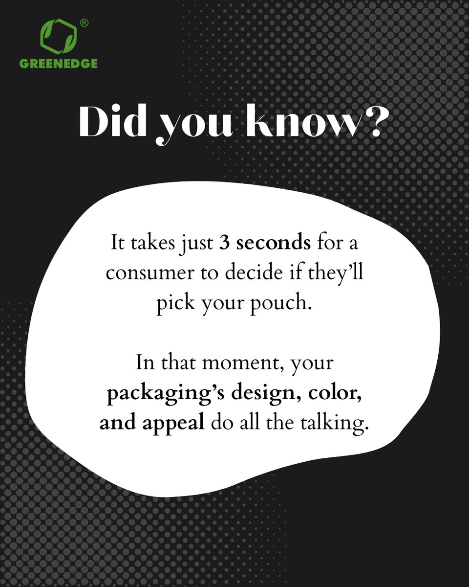 GreenEdge_eco's tweet image. Three seconds. That’s all it takes.

Make those three seconds count with Greenedge.

#3secondstheory #secondsmatter #packaging #flexiblepackaging #greenedge #sustainablepackaging #flexiblepouches