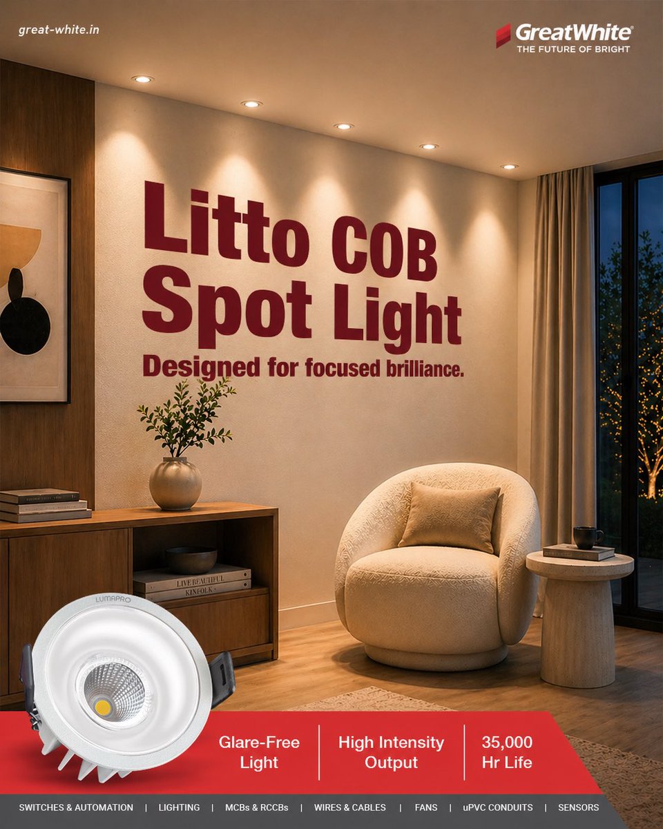 GreatWhiteIndia's tweet photo. When the details matter, the right light makes all the difference.
Litto COB Spot Light delivers focused illumination, glare-free output, and lasting performance to bring every space into sharper focus.
#GreatWhiteElectricals #GoForGreat #LittoCOBSpotligt #HomeDecor https://t.co/xng8M0lsjn