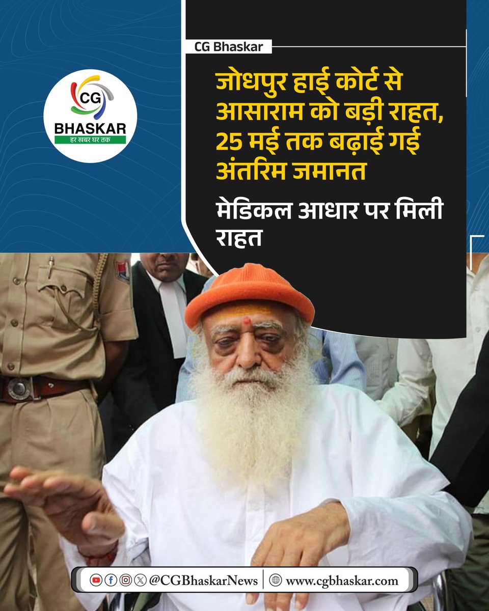 CgBhaskarNews's tweet image. आसाराम को राजस्थान हाईकोर्ट से राहत मिली है। यौन उत्पीड़न मामले में आजीवन कारावास की सजा काट रहे आसाराम को अदालत ने मेडिकल आधार पर दी गई उनकी अंतरिम जमानत को 25 मई 2026 तक या उनकी अपील पर अंतिम फैसला आने तक, जो भी पहले हो, बढ़ाने का आदेश दिया है।

#Asaram #RajasthanHighCourt