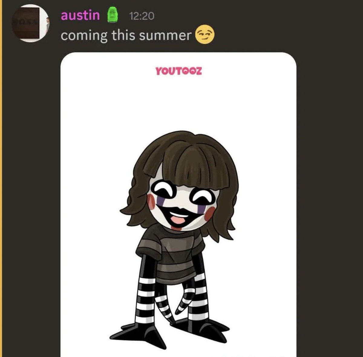 Austin, CEO of Youtooz, has revealed a concept design for an Abbionette (Possessed Abby) figure for the Five Nights at 2 movie wave.

Additionally, it’s confirmed that this figure will be released this summer!