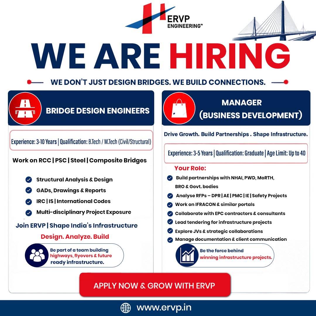 ERVPEngineering's tweet image. 🚀 We’re Hiring at ERVP Engineering!
Bridge design engineers &amp;amp; BD managers wanted to build impactful infrastructure projects.
👷 Design. Develop. Deliver.
👉 Apply Now: ervpengineering.com

#HiringNow #EngineeringJobs #BusinessDevelopment #Infrastructure #Careers