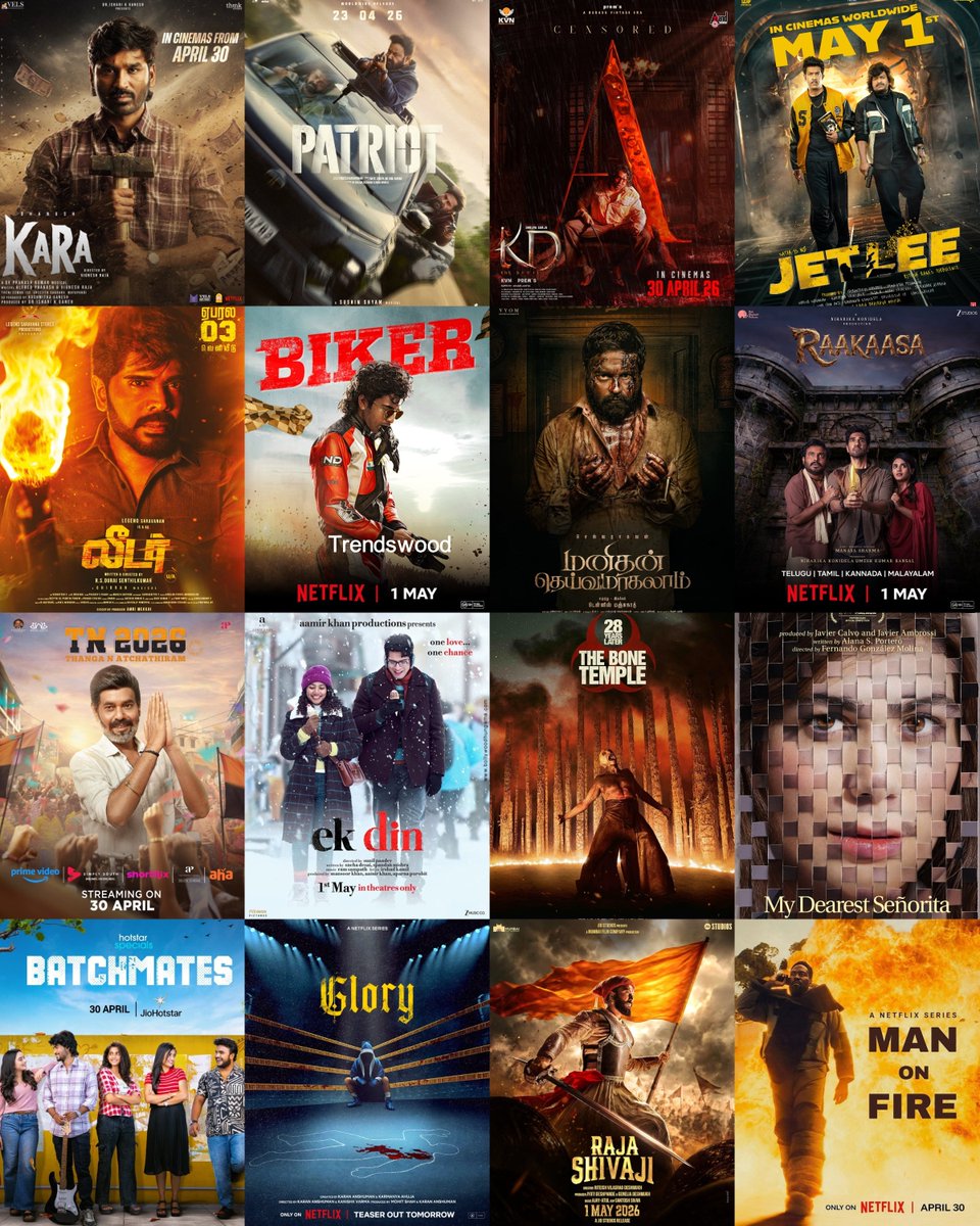 Trendswoodcom's tweet photo. Weekend Releases April 30/May 1st โ Theatres & OTT (Tamil + Tamil Dubbed) ๐ฟ
Tamil Theatrical Releases
โข #Kara (UA) โ 2H 41M | Action Thriller
โข #OruNaal (UA) โ 2H 05M | Romantic Drama
Re-Releases
โข #Billa
โข #Aalwar
โข #Vaali
Other Language Theatrical Releases
โข Kannada โ #KDTheDevil (Period Action)
โข Malayalam โ #Patriot (Action)
โข Telugu โ #Jetlee (Action Comedy)
โข Hindi โ #EkDin (Romantic Drama), #RajaShivaji (Historical Action)
OTT โ Tamil & Tamil Dubbed Releases
โข #TN2026 โ Prime Video, Simply South, Shortflix, API Films & Aha Tamil
Prime Video
โข #TheImitationGame (Rental)
โข #Leader
Netflix
โข #28YearsLaterTheBoneTemple
โข #ShouldIMarryAMurderer
โข #ManOnFire
โข #Glory
โข #Raakaasa
โข #Biker
โข #Swapped
โข #MyDearestSenorita
JioHotstar
โข #BatchMates
SunNXT
โข #ManithanDeivamagalam
ZEE5
โข #KeralaStory2
โข #Aadu3
SonyLIV
โข #Undekhi