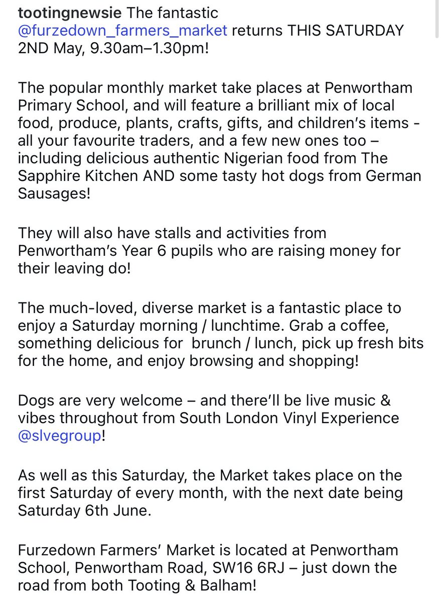 tootingnewsie's tweet image. The fantastic #Furzedown Farmers Market, returns THIS SATURDAY 2ND May, 9.30am–1.30pm!

The popular monthly market features a brilliant mix of local food, produce, plants, crafts, gifts &amp;amp; more.

Full info in the image! 

📍Penwortham School, Penwortham Rd, SW16 6RJ.

#Tooting