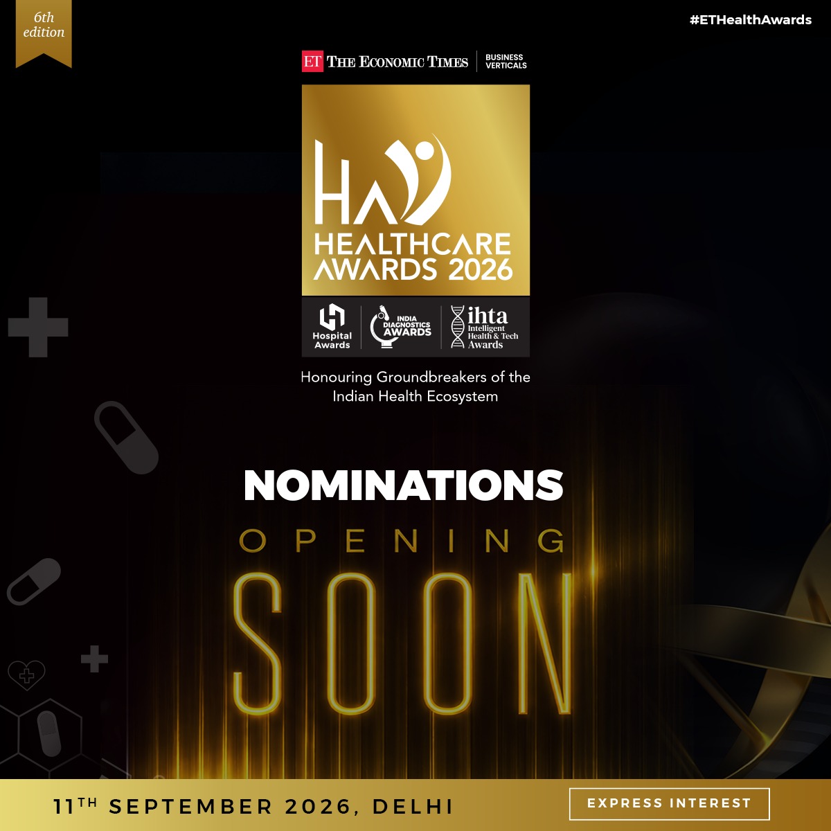 ETHealthWorld's tweet image. Nominations are now open for the ET Healthcare Awards 2026.

Super Launch Offer: 15% off valid till May 5, 2026
11 September 2026 | Delhi

Nominate now: health.economictimes.indiatimes.com/healthcare-awa…

#ETHealthAwards #HealthcareInnovation #HealthTech #IndiaHealthcare