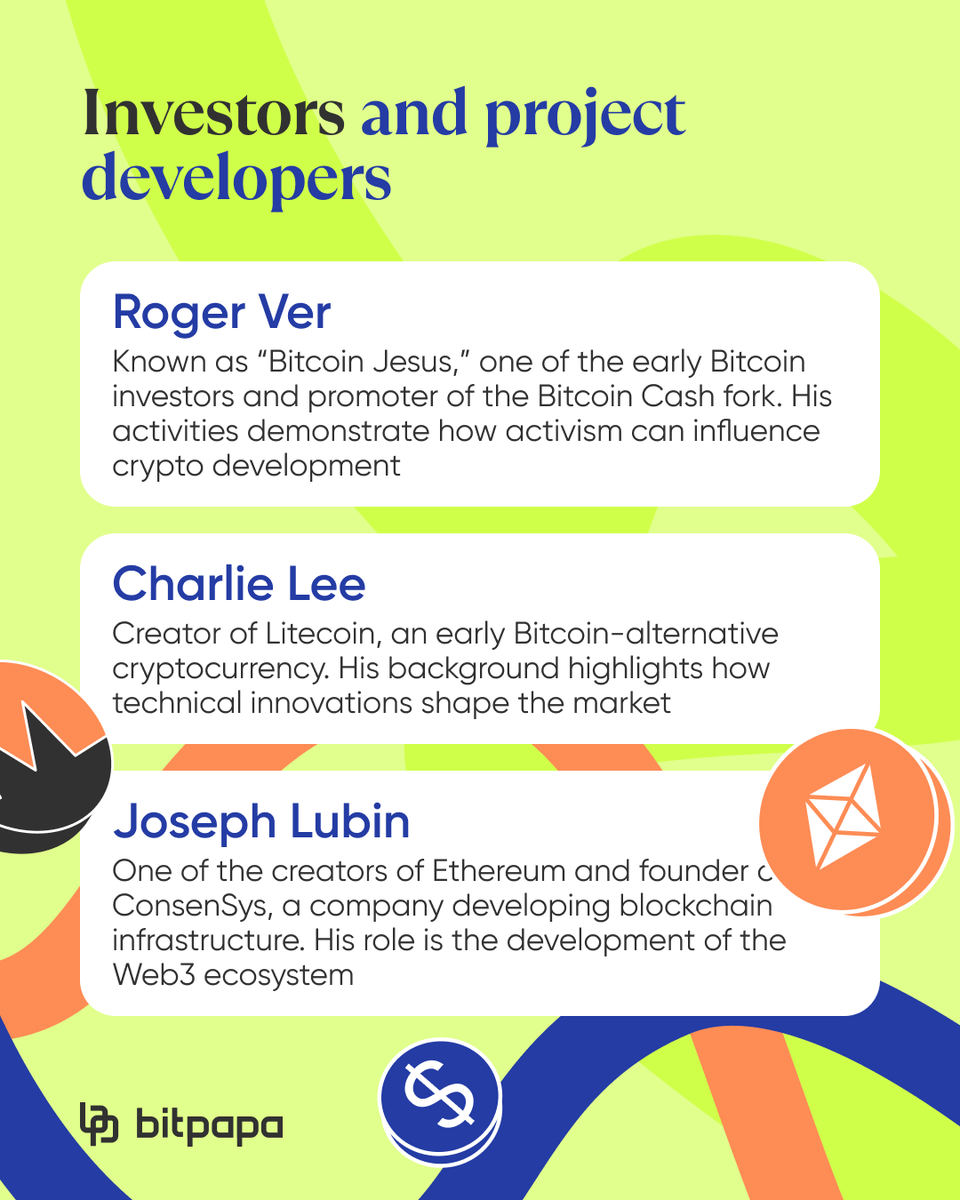 Bitpapa_com's tweet photo. 😎 Cryptocurrency projects do not appear on their own — they are conceived and implemented by people. Some individuals have become particularly prominent and even gained worldwide fame due to their outstanding achievements in the development of crypto. https://t.co/SCNSp0UfVK