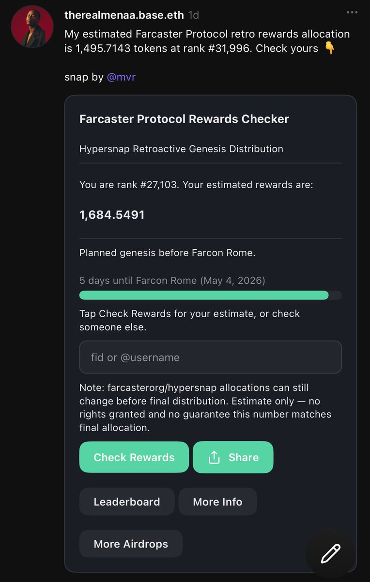 thereal_menaa's tweet photo. My estimated Farcaster Protocol retro rewards allocation is 1,684.5491 tokens at rank #27,103. I got about 290+. Expecting listing price to be around $0.3 to $0.5 

Check yours 👇

https://t.co/j30aXLvqqE https://t.co/c8wEVOiiCs