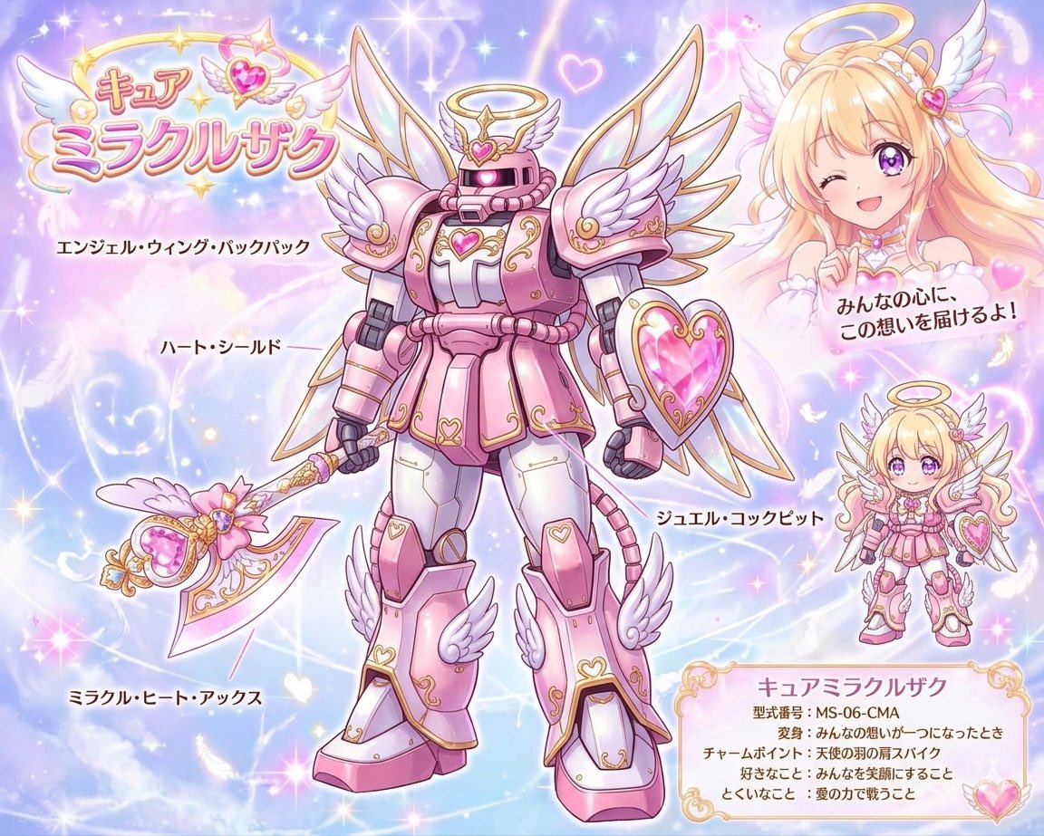 wanwannu0808's tweet image. フォロワー様がザクと組み合わせて
作ってみたらしい笑笑笑笑

プリキュアファンの方には申し訳ないけど
面白かったので載っけてみます

#AI生成