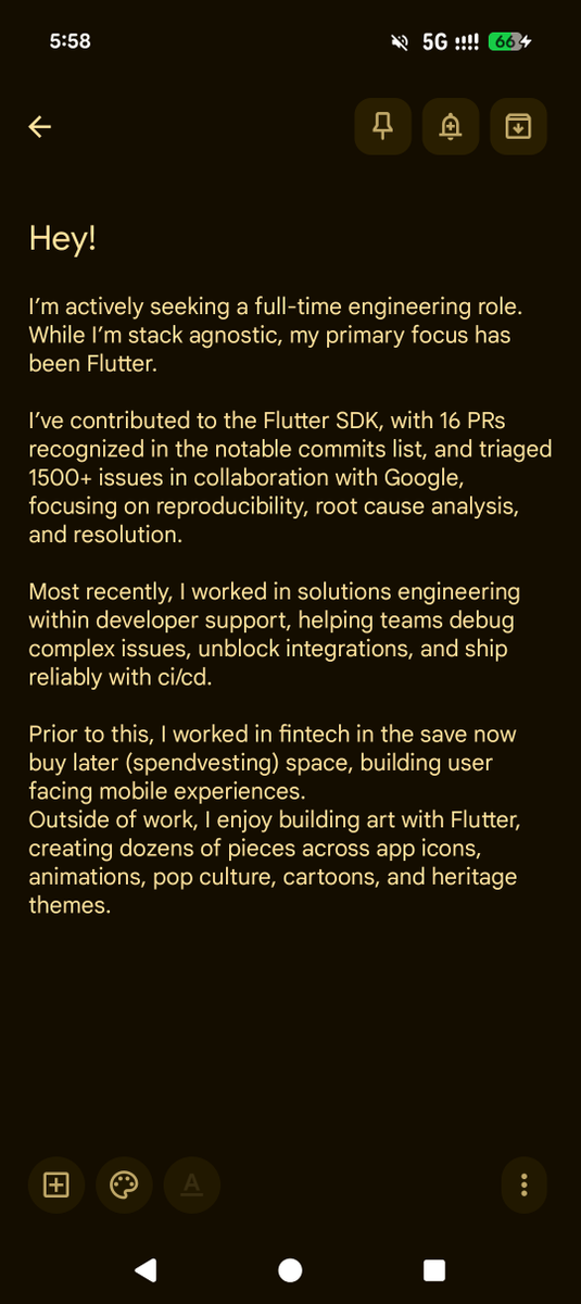 actively seeking a full-time engineering role. while I’m stack agnostic, my primary focus has been Flutter.

more deets - tirth.today

github - github.com/piedcipher
