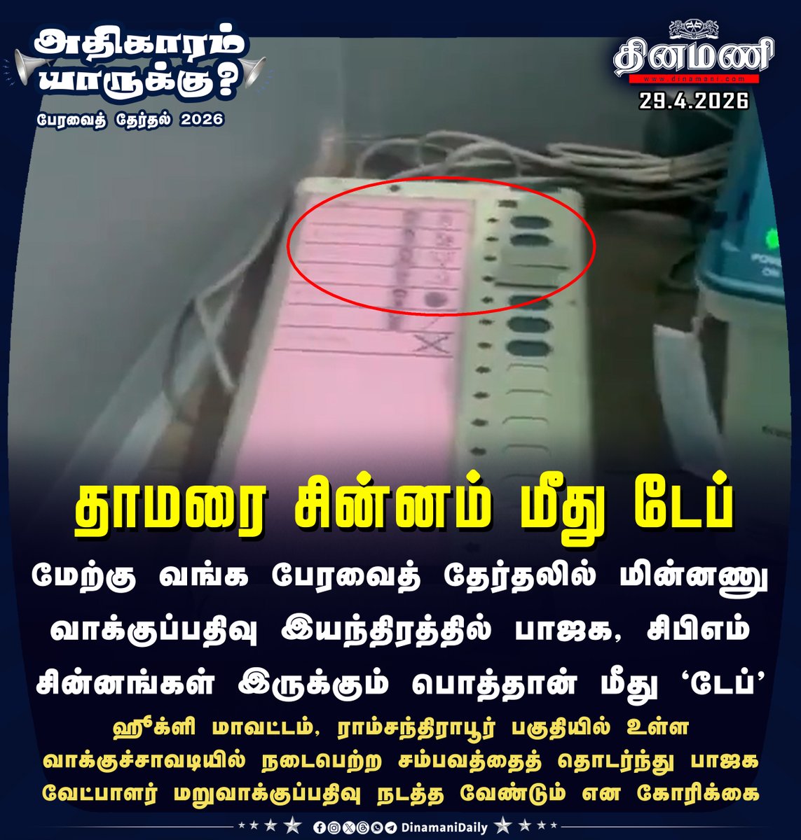 DinamaniDaily's tweet image. #Dinamani | பாஜக, சிபிஎம்  சின்னங்கள் மீது ‘டேப்’ - மேற்கு வங்க தேர்தலில் பரபரப்பு

#BJP #CPM #WestBengalLegislativeAssemblyelection2026 #WestBengal