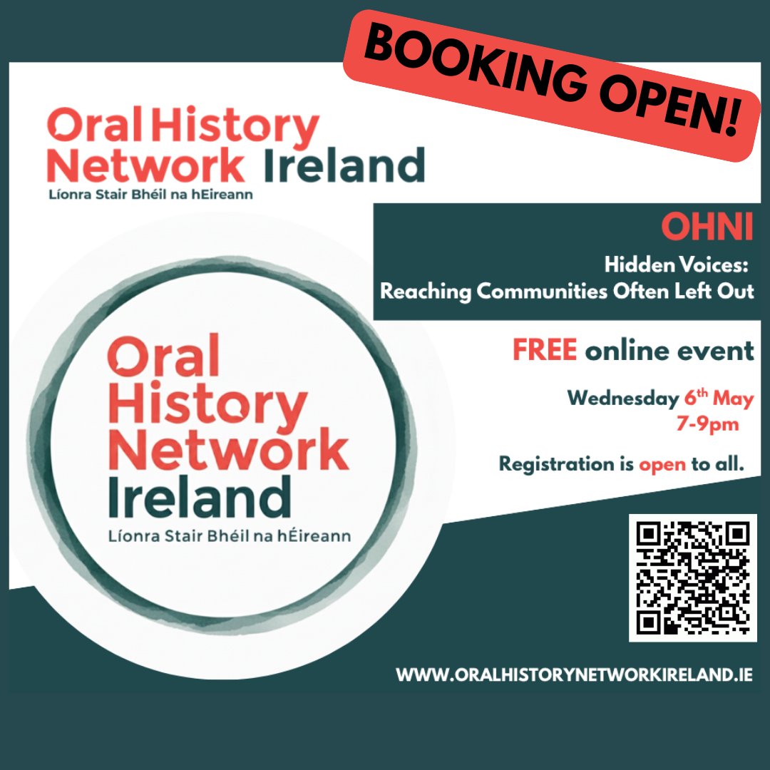 OralHist_ie's tweet photo. 📣 @OralHist_ie upcoming FREE ONLINE #oralhistory event takes place next week!
"Hidden Voices: Reaching Communities Often Left Out"
💻Wednesday, 6th May (7pm–9pm) via ZOOM
🎟️Book your FREE via: https://t.co/QLNrusbrgk or scan the QR code below.
#OHNI #OralHistoryEvent https://t.co/KZkeY2BYyb