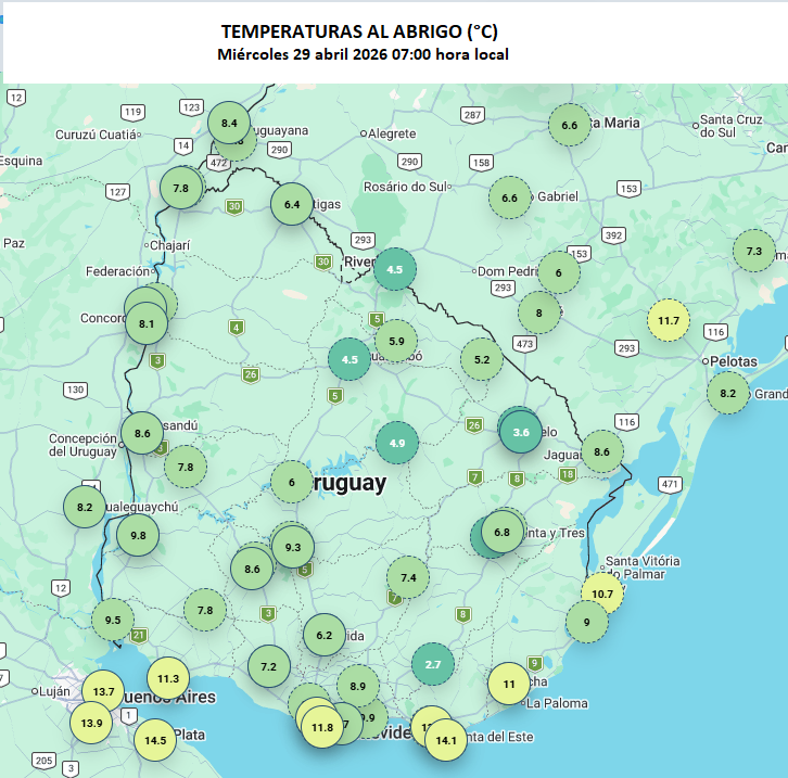 mario_bidegain's tweet image. #Temperaturas al abrigo (°C) a 07 hora local de MIE29abr sobre #Uruguay, E #Argentina y Sur #Brasil.
Se destacan mínimas en: Lavalleja 2.6°C, Melo 3.6°, Treinta y Tres (Palo a Pique) 3.8°, Rivera y Tacuarembó 4.5°C.