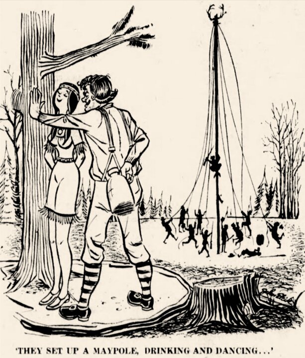 GenealogyBank's tweet image. Heated Drama over Maypole Merriment: Pilgrims vs. Thomas Morton (part 2) tinyurl.com/yu7pb4cr #genealogy #familyhistory #ancestry #History
Illustration: Merrymount drinking and dancing around a maypole. Credit: Boston Public Library.