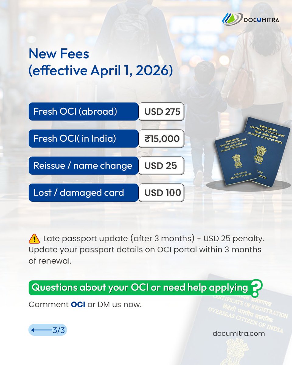 documitra's tweet image. Big #OCI update effective April 1, 2026:
• No 6-month wait to apply from India
• e-Arrival Card now mandatory before travel
• Fees updated (reissue $25, lost $100, late update fee $25)
• PIO cards no longer valid
Missing this can disrupt travel.
#nri
🔗documitra.com