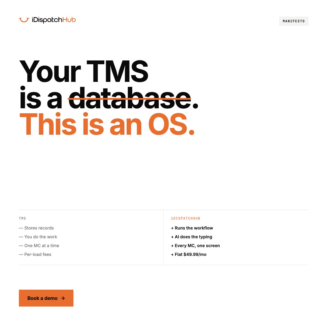 iDispatchHub's tweet photo. Simple. TMS systems weren’t designed for you.

Our OS is….. https://t.co/HM2RmypgiG