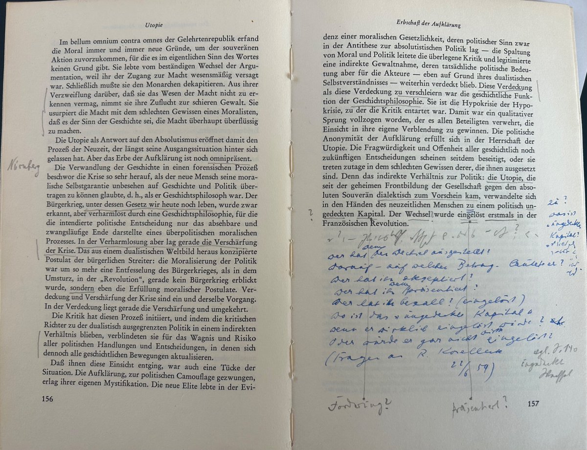 olaf_haas54638's tweet photo. Kritik und Krise: Dies sind die letzten beiden Seiten des Widmungsexemplars von Reinhard Koselleck an Carl Schmitt, das dieser bei seiner Lektüre im Mai/Juni 1959 mit zahlreichen Notaten, Anstreichungen und Korrekturen versehen hat. Mehr dazu: https://t.co/05NaCJ9DIP https://t.co/9j5WBsVufH